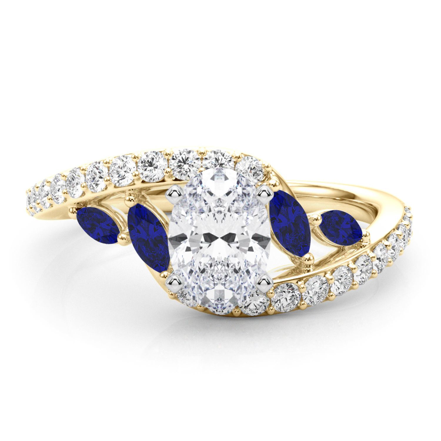 Swirl Design Lab Grown Diamond & Marquise Sapphire Engagement Ring 14K Yellow Gold (0.63ct)
